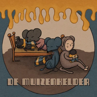 De Muizenkelder podcast artwork: drie muisjes die uitrusten na een avontuur